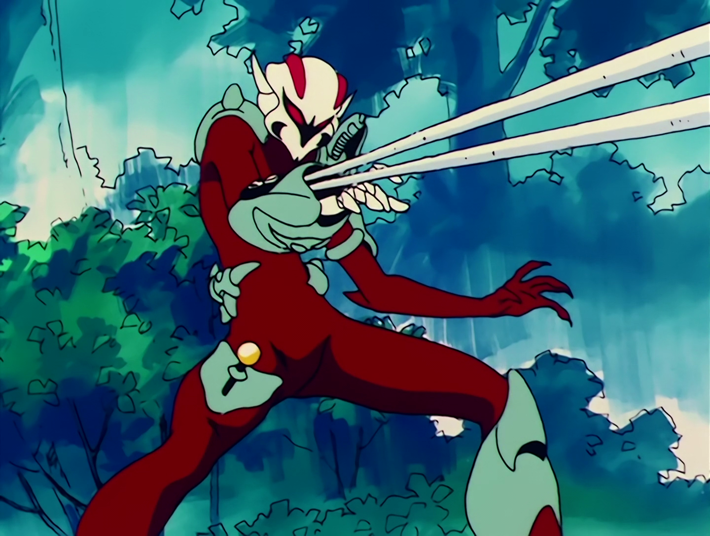 Gesen, a Youma from Sailor Moon episode 25. He looks like a red-suited tokusatsu-style character, but with a skull-like mask, and some mechanical adornments on his suit, including a joystick on his knee. He is in the process of firing two cords from a device on his wrist.